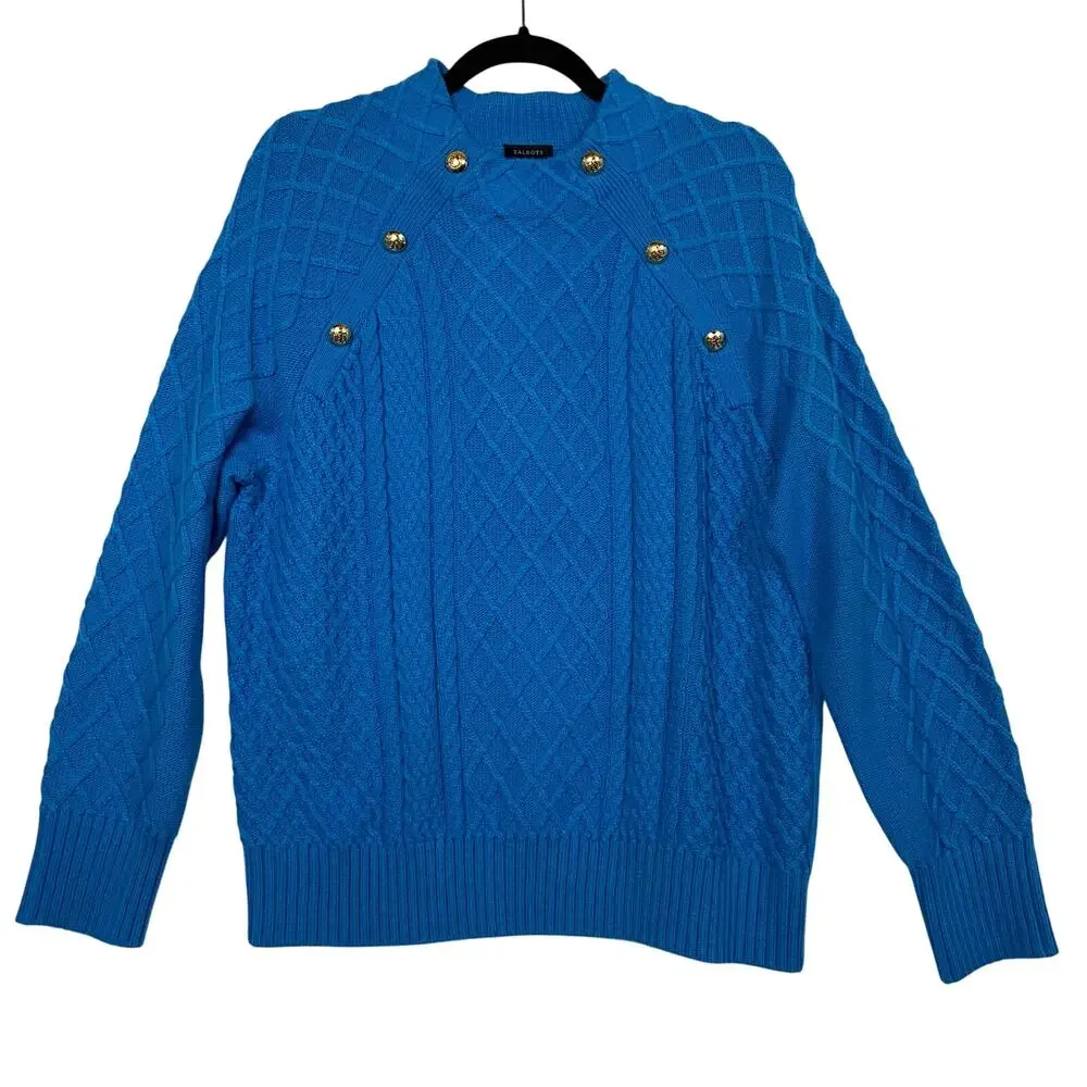 Talbots Women's Blue Mockneck Raglan Sleeve Cable Knit Sweater Size Large NWT - Picture 2 of 12